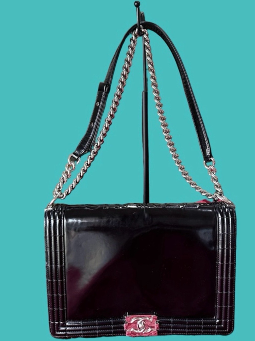 CHANEL Black Patent Leather Chain Shoulder Bag with silver hardware